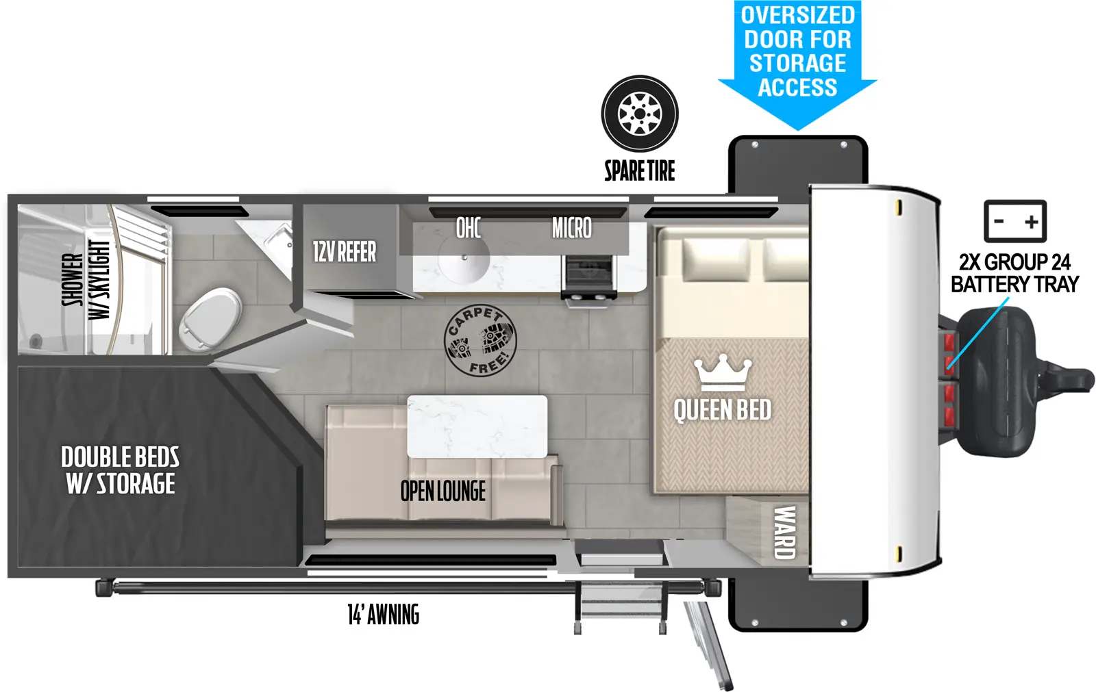 The Wildwood FSX 174DBLE floorplan has one entry and zero slide outs. Exterior features include: metal exterior and 14' awning. Interiors features include: bunk beds and front bedroom.